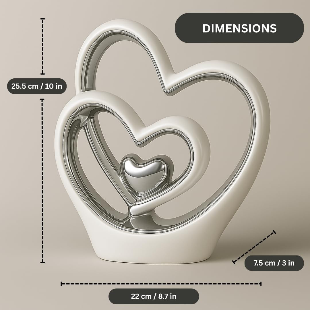 Silver Heart Ornament 25.5cm Ceramic Sculpture Modern Couple Wedding Gift Decor