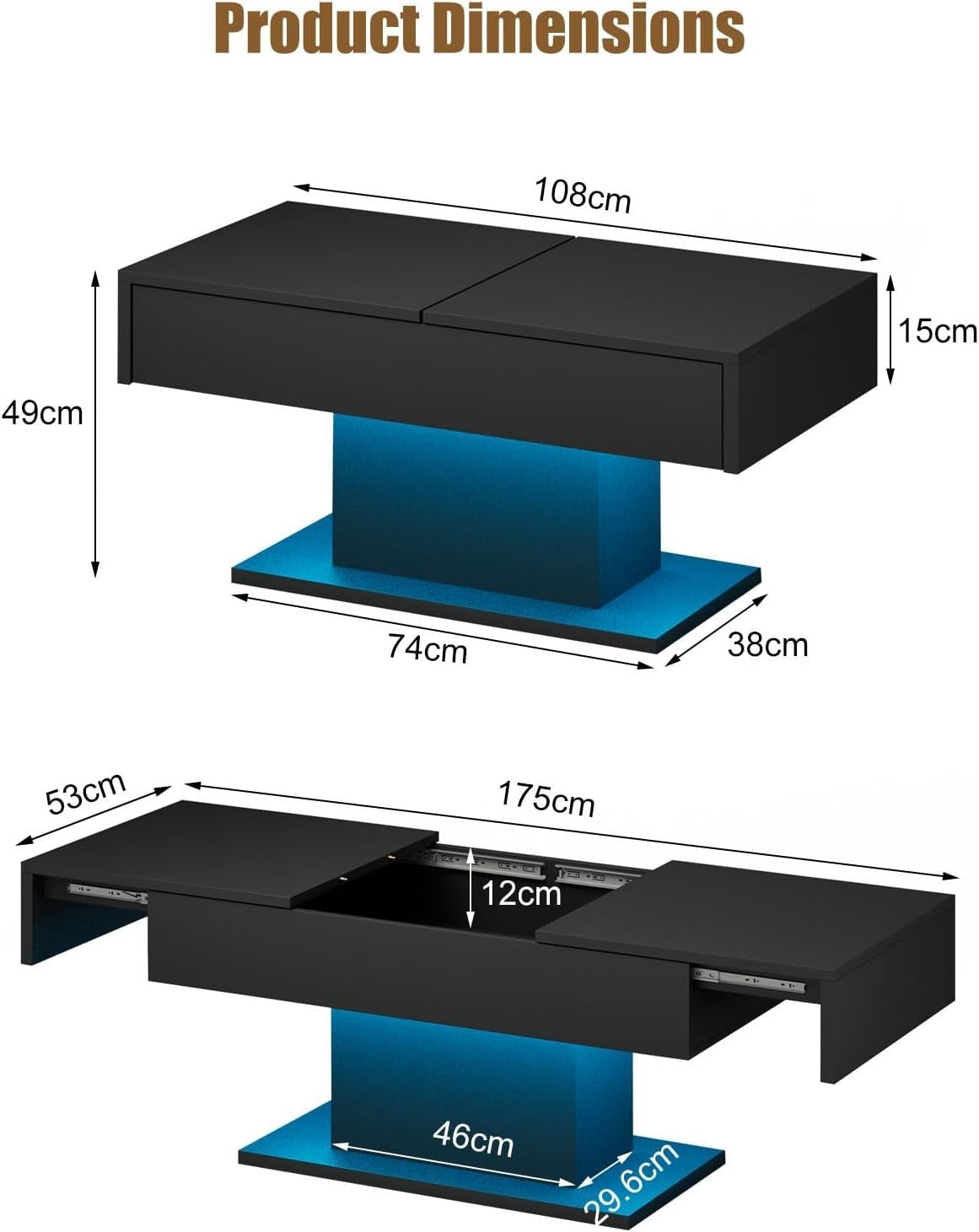 Modern Black High-Gloss Coffee Table with LED Lights & Hidden Storage Drawers
