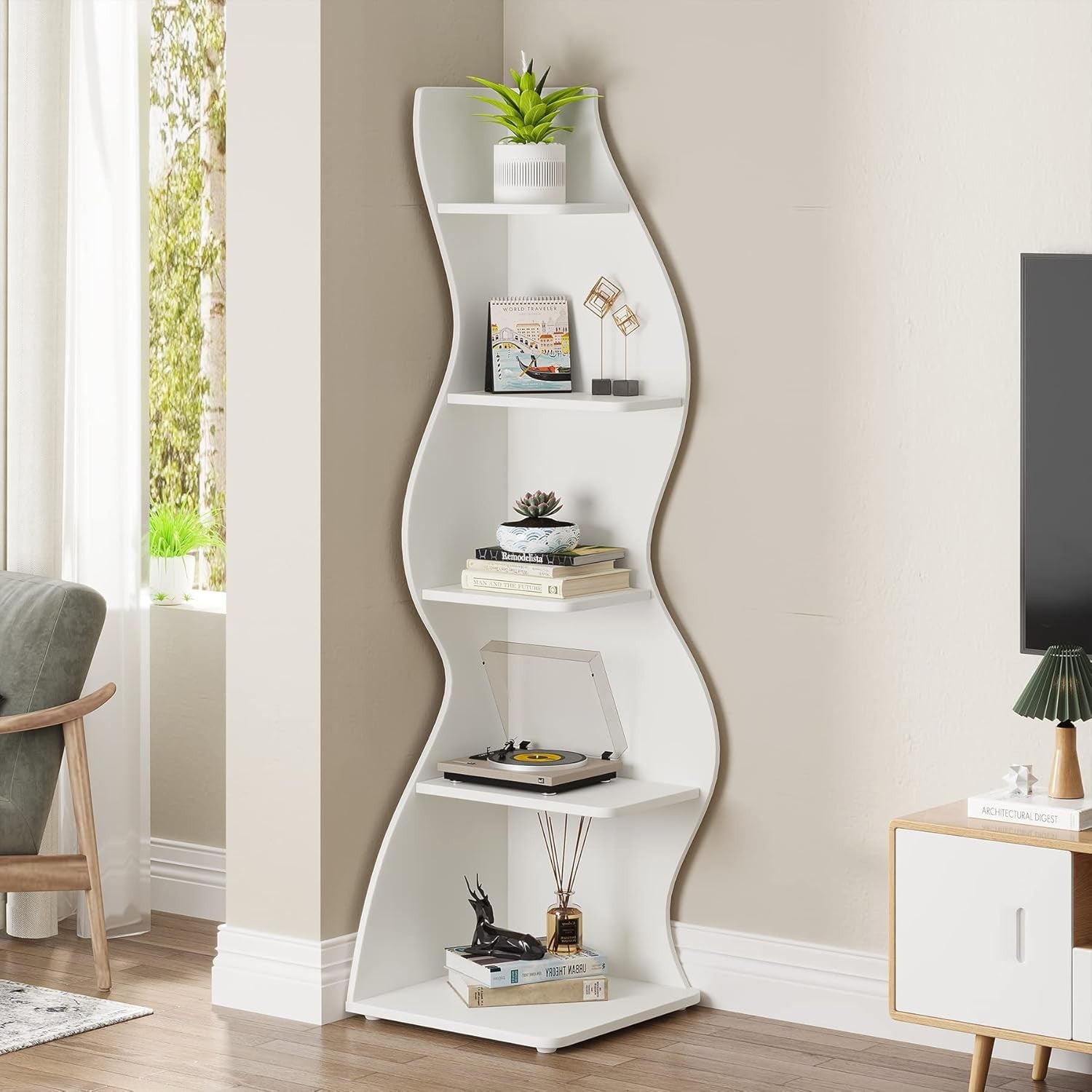 Modern 5-Tier Corner Bookshelf Wave Design Wall Storage Rack for Living Room