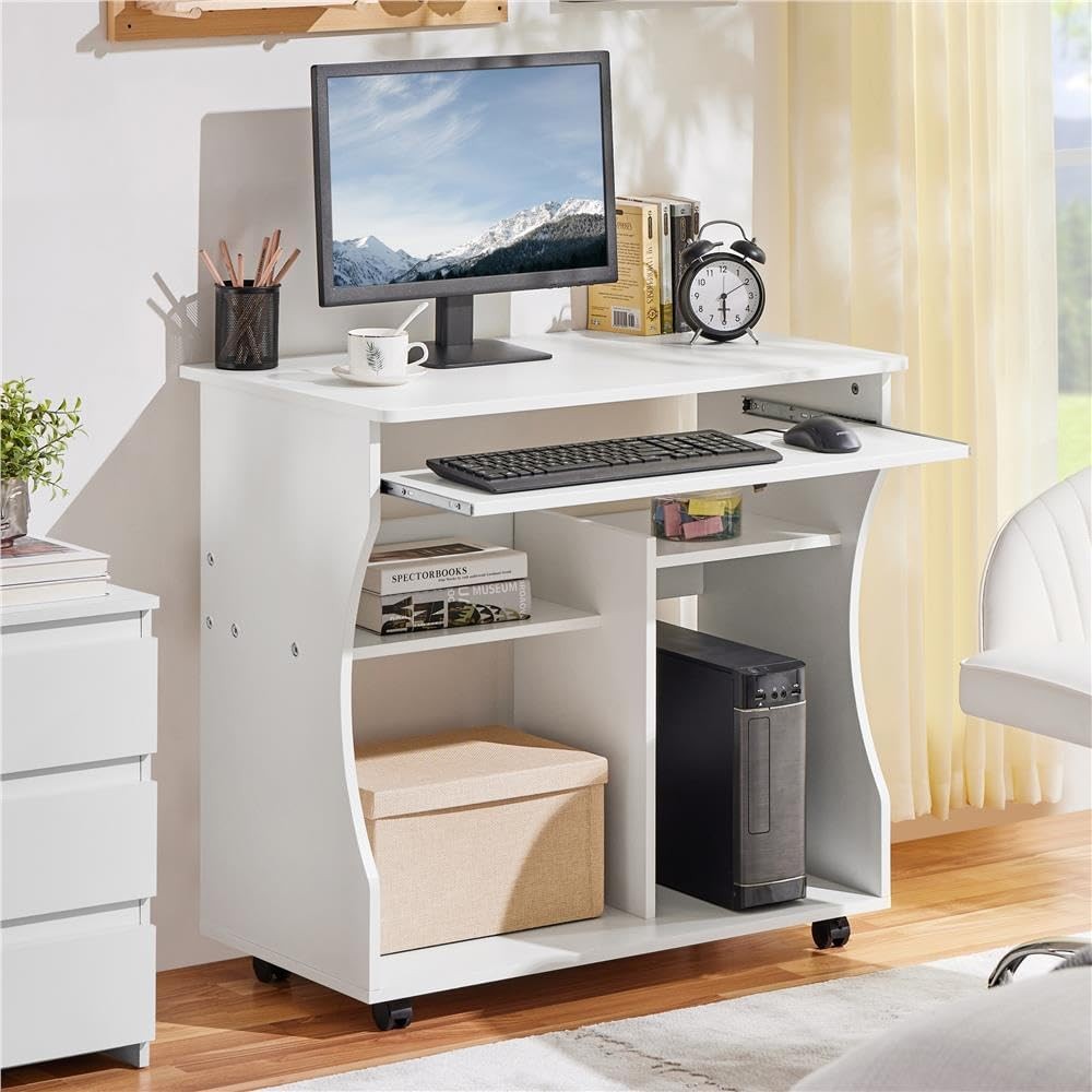 Small Computer Desk on Wheels with Keyboard Tray Storage Shelves Compact Office