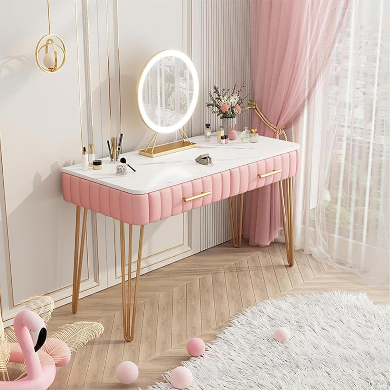 Pink Vanity Table Set with Lighted Mirror & 5 Drawers Storage Makeup Dressing De