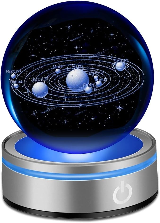 3D Solar System Crystal Ball with LED Stand • Space Gift • Engraved Planets