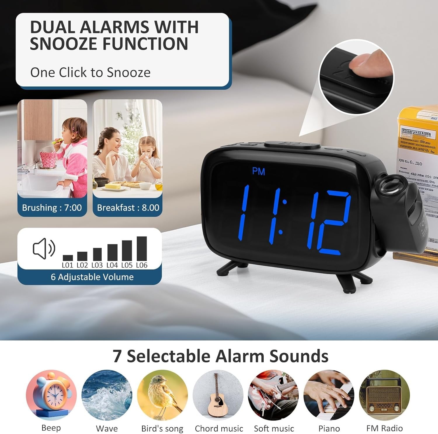Projection Alarm Clock Large LED USB Charger Dual Alarm Snooze Dimmer