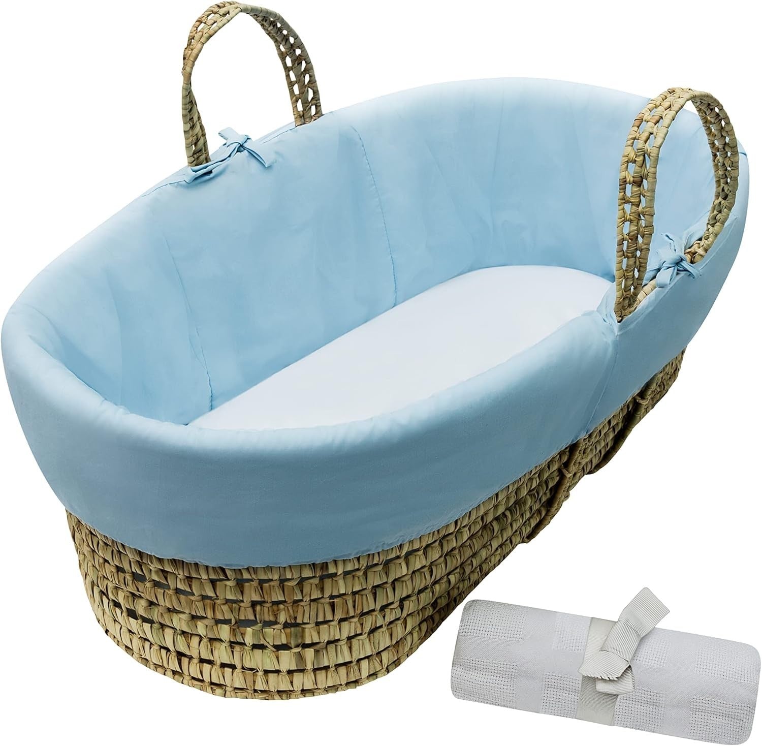 Hand-woven Palm Moses Basket with Deluxe Natural Rocking Stand & Mattress Blue