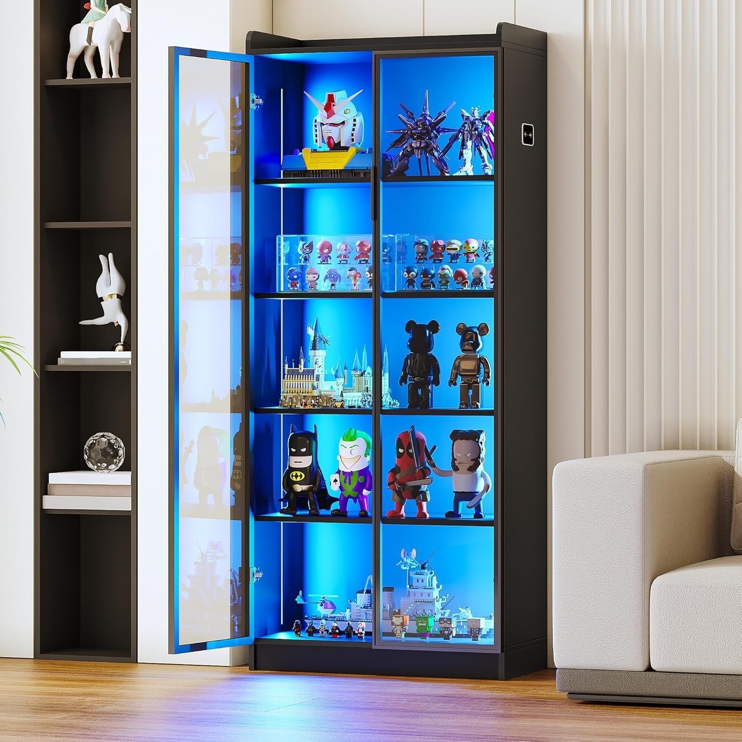 LED Display Cabinet with Acrylic Door, 5 Shelves, 3-Color Lights, 65"
