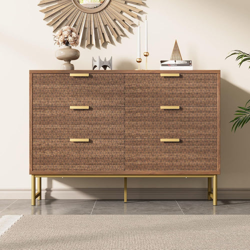 Rustic Walnut Sideboard Cabinet with 6 Drawers, Metal Handles, Vintage Style