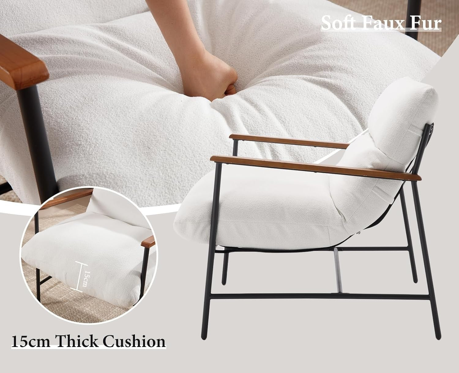 Modern White Faux Fur Accent Chair Lounge Armchair Metal Frame Seat