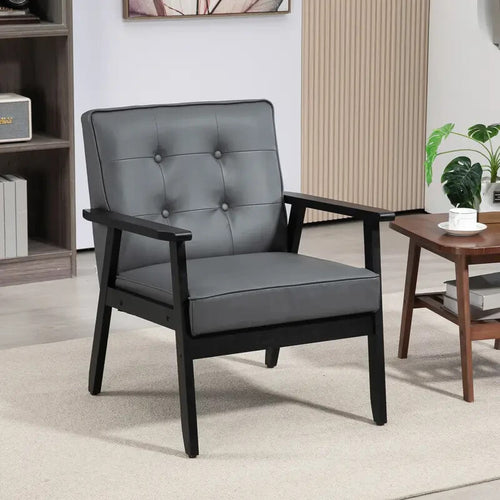 Grey PU Leather Armchair Retro Lounge Chair Wood Frame for Living Room