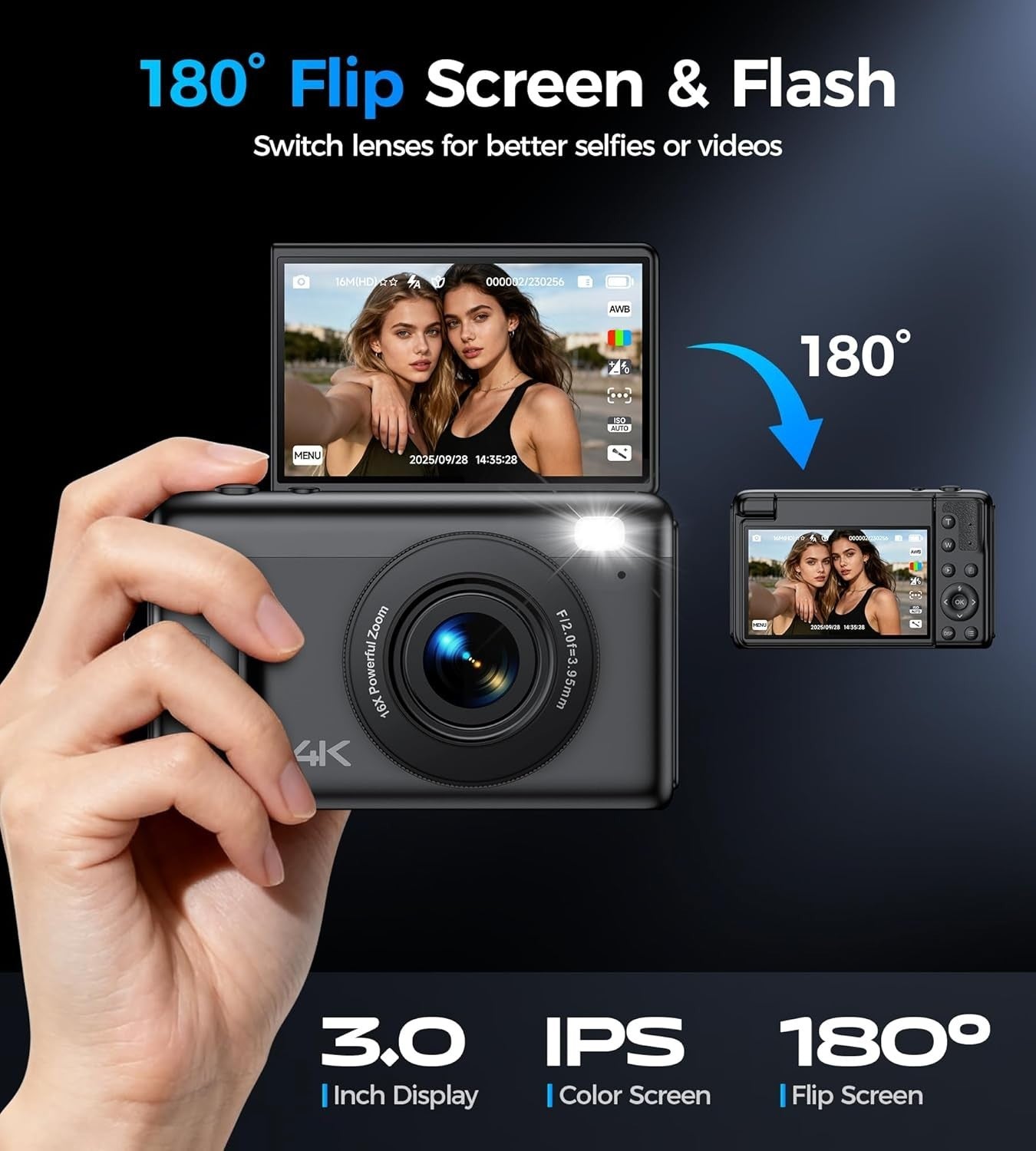 64MP 4K Compact Camera Flip Screen 16X Zoom Vlog Camera Bundle