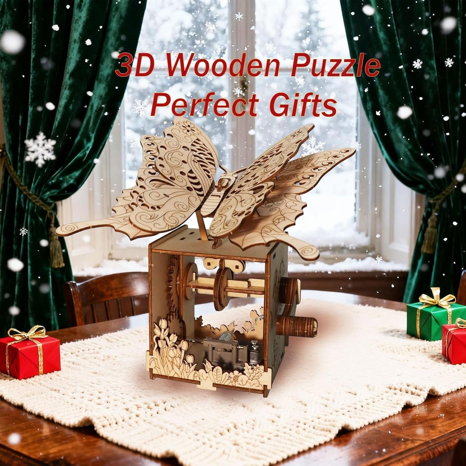 3D Wooden Butterfly Music Box DIY Puzzle Gift for Adults Teens Decor