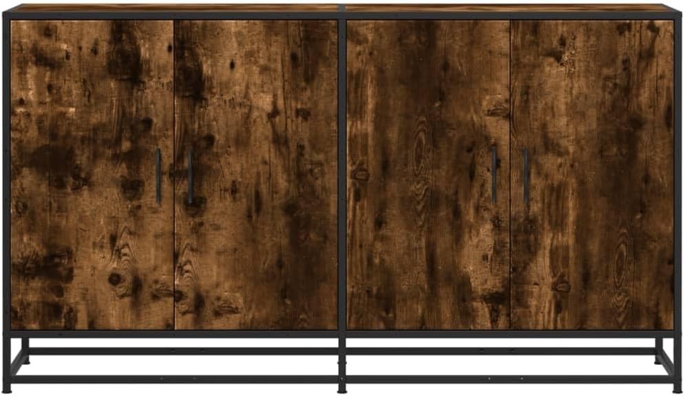 Industrial Sideboard Storage Cabinet Smoked Oak Metal Frame 4 Door Unit
