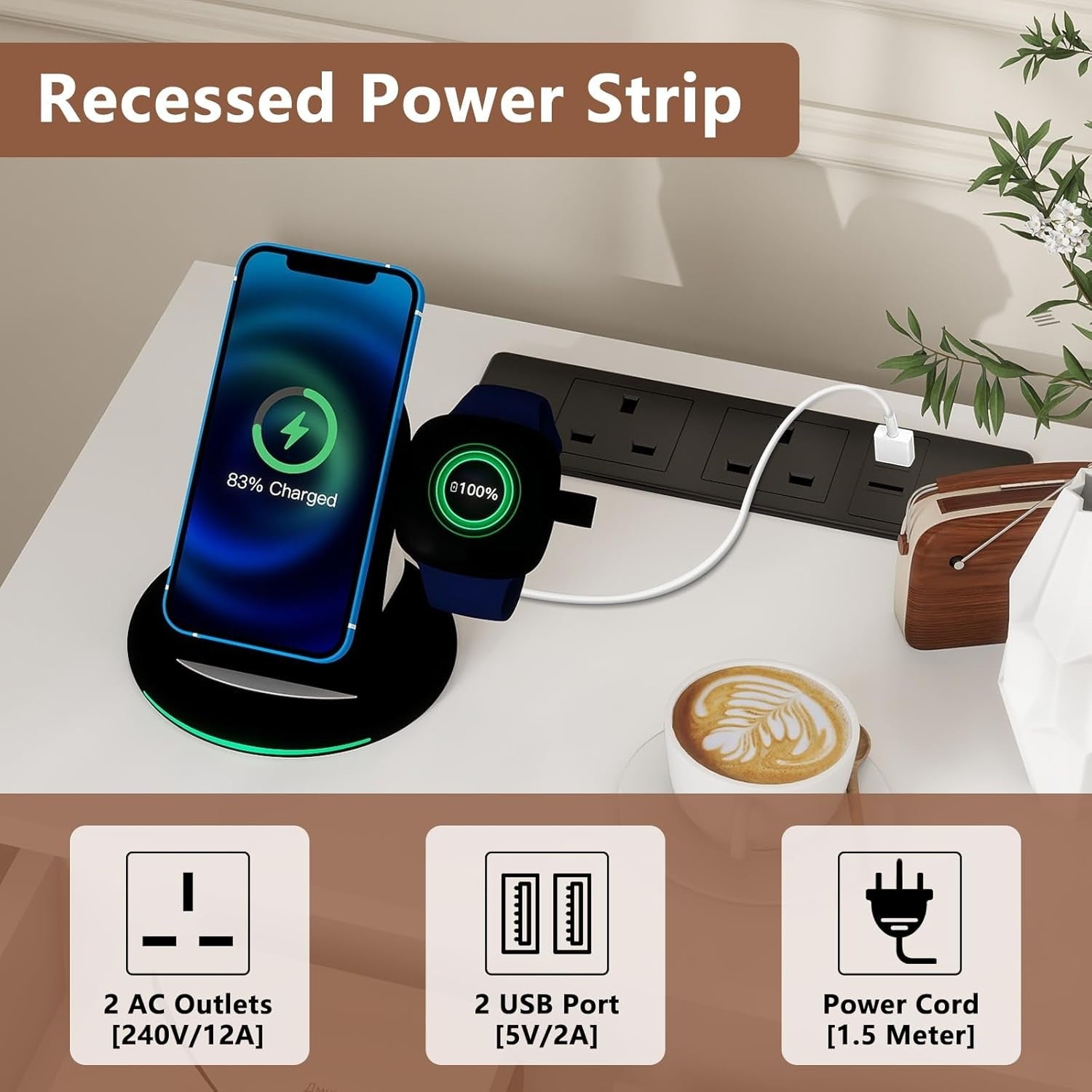 Smart Bedside Table with LED Light & Charging Station Modern Nightstand White