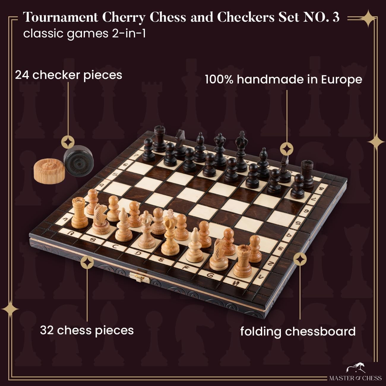 2in1 Cherry Wood Chess & Checkers Set 35cm | Foldable Board | Luxury Handmade