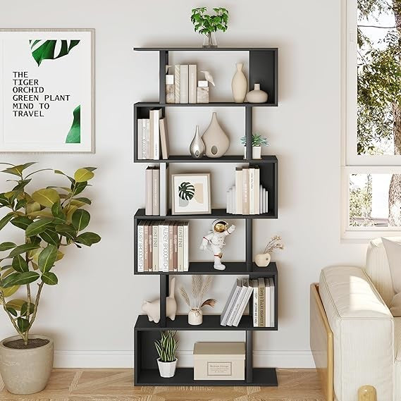 S Shaped 6 Tier Bookshelf Modern Display Storage Unit for Living Room Office