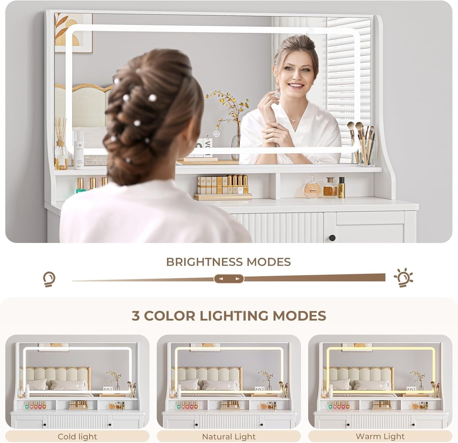 Large White Vanity Dressing Table Mirror LED Lights Storage Power Strip USB