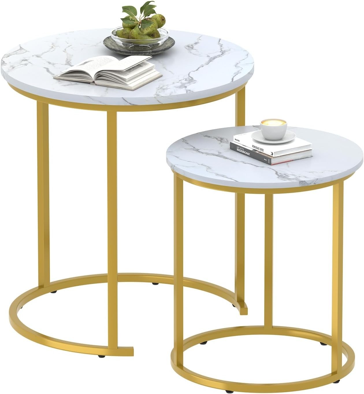 Gold Nesting Coffee Table Set Wood Sled Base Modern Round End Side Storage