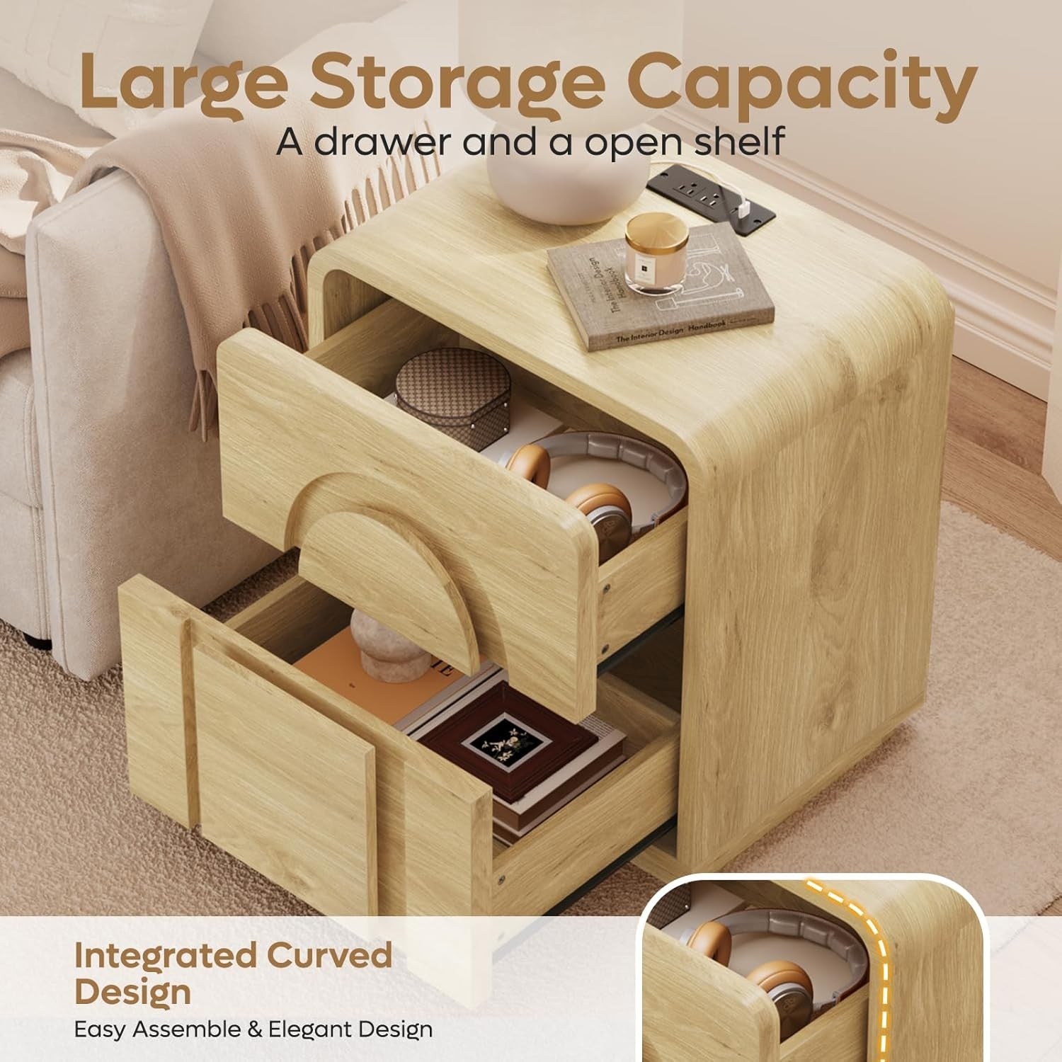 Mid Century Curved Bedside Table with Charging Station & 2 Drawers Storage