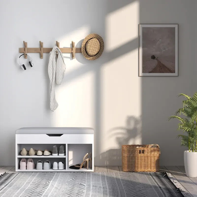 White Shoe Storage Bench with Seat Cushion & Hidden Shelves 80cm