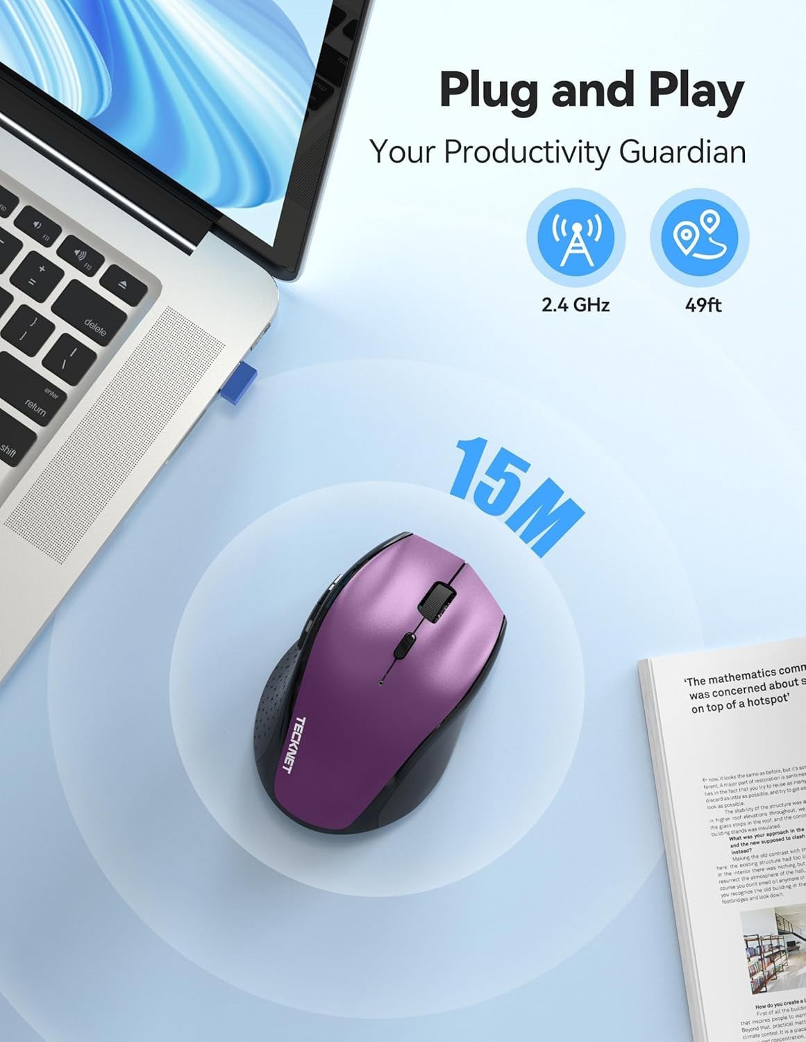Purple Rechargeable Wireless Mouse 6400 DPI Silent Ergonomic USB Laptop PC
