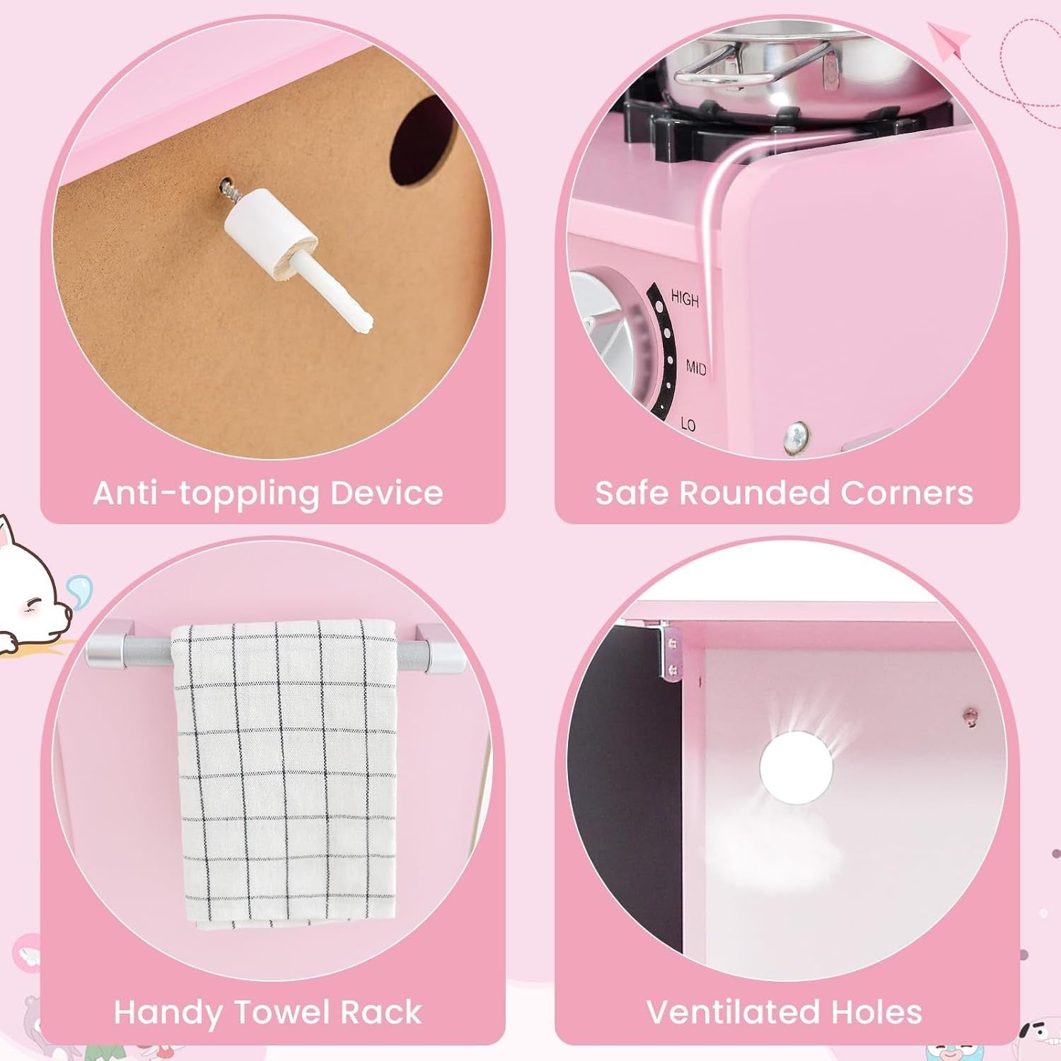 Wooden Kids Play Kitchen Pink Ice Maker Cooker Toy Set w Accessories