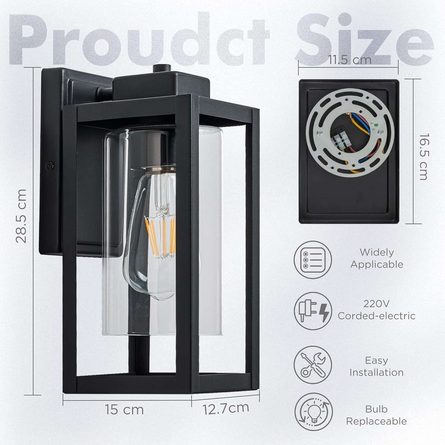 Outdoor Wall Lights, Matte Black E27 Porch Lantern, IP44 Waterproof