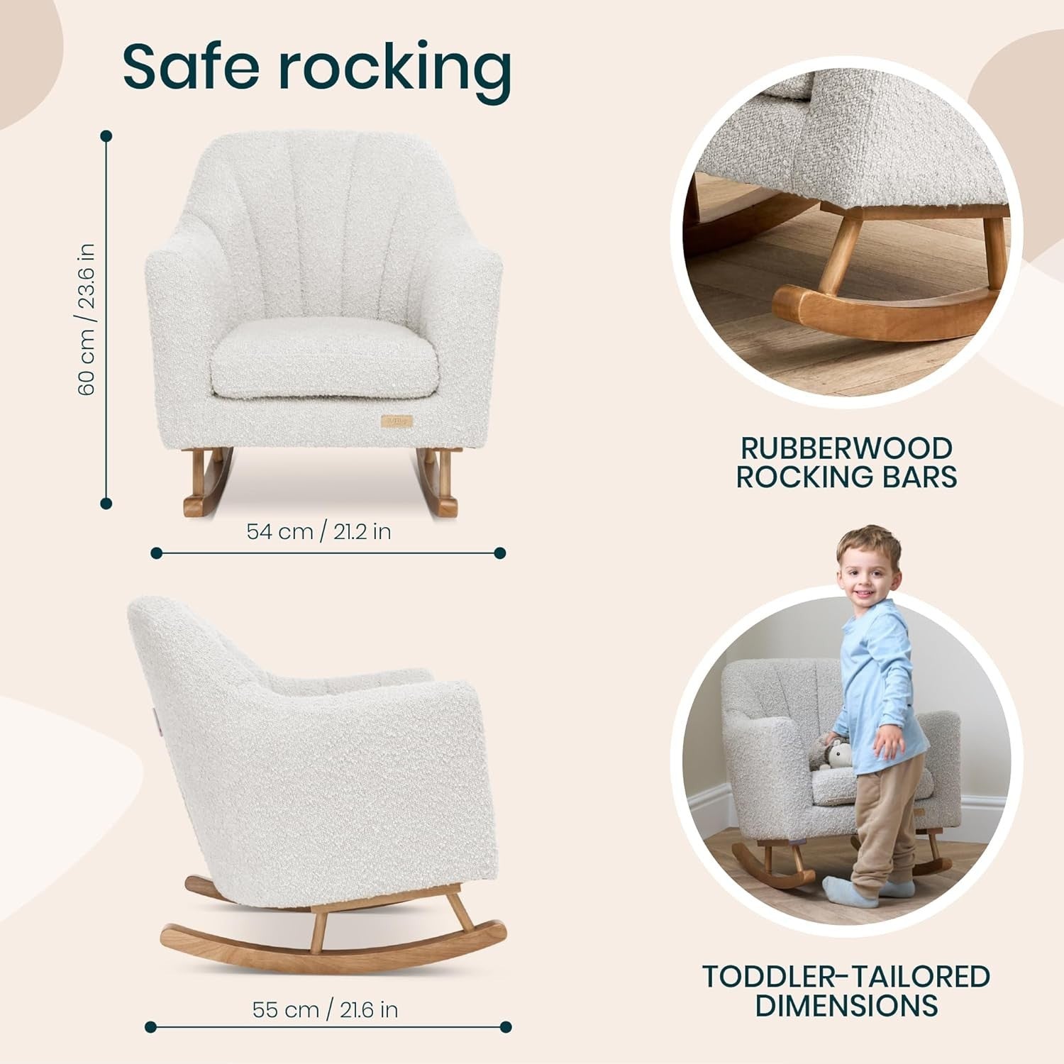 Toddler Rocking Chair Soft Bouclé, Rubberwood Frame, Easy Assembly