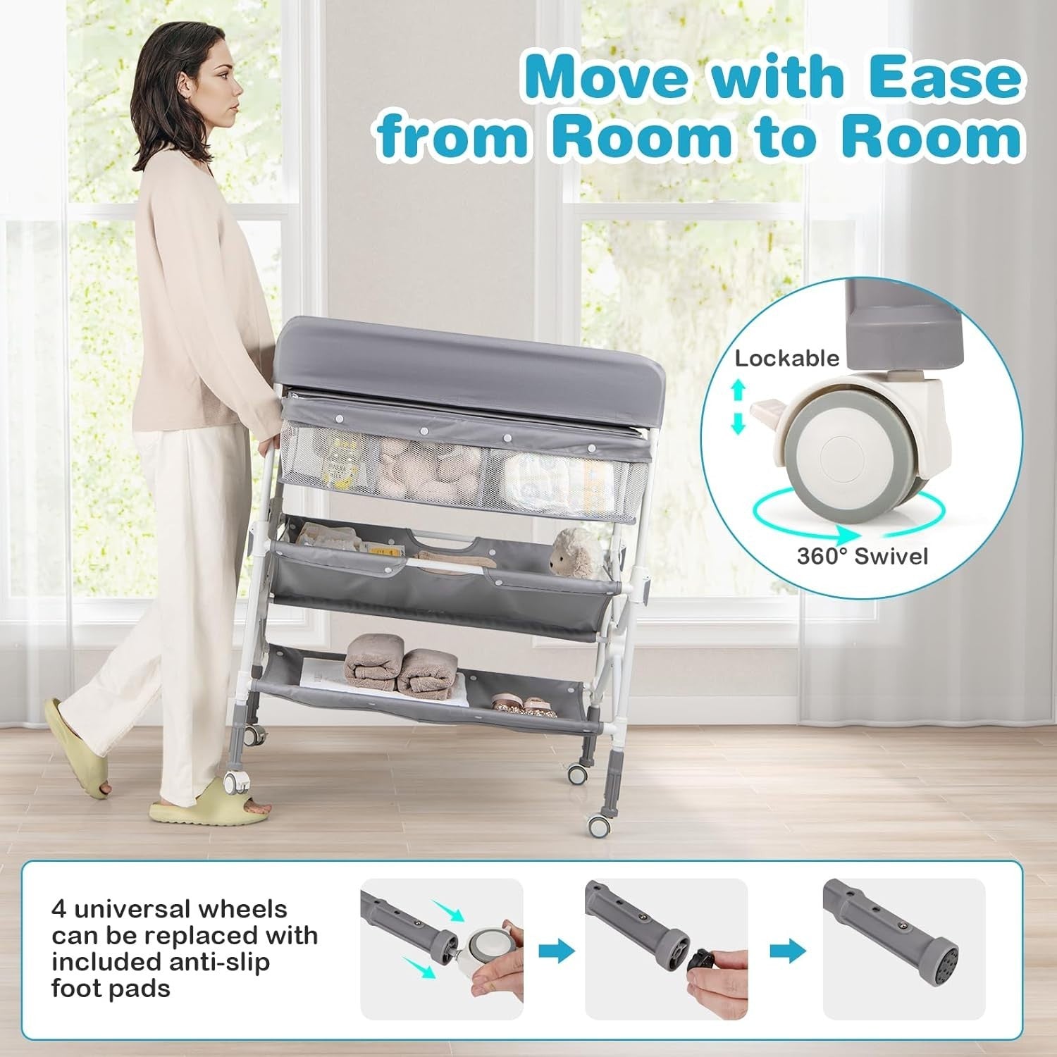 Baby Changing Table Folding Nursery Station with Wheels & Storage Grey