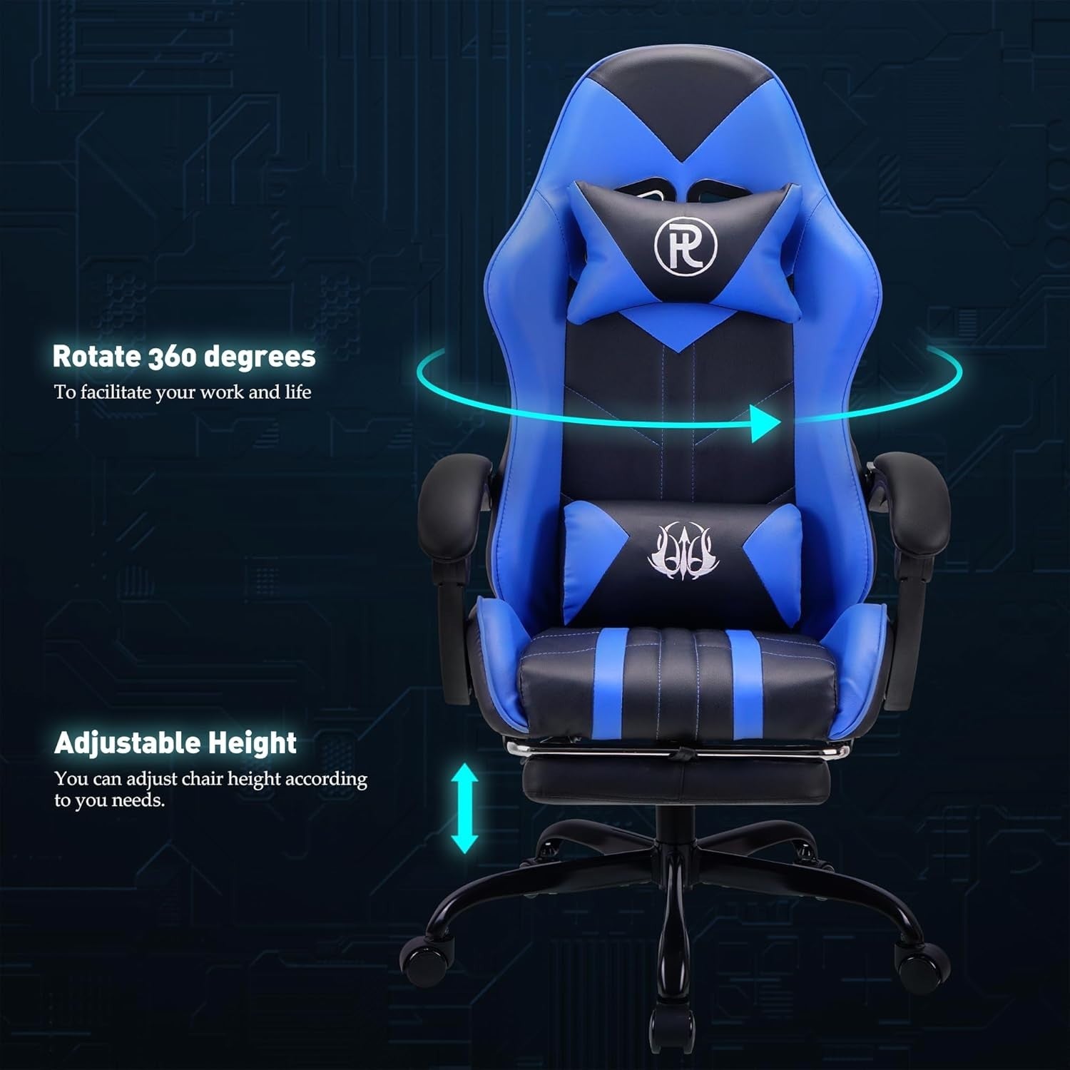 Ergonomic Gaming Chair Swivel Faux Leather Recliner Racing Office Footrest Blue