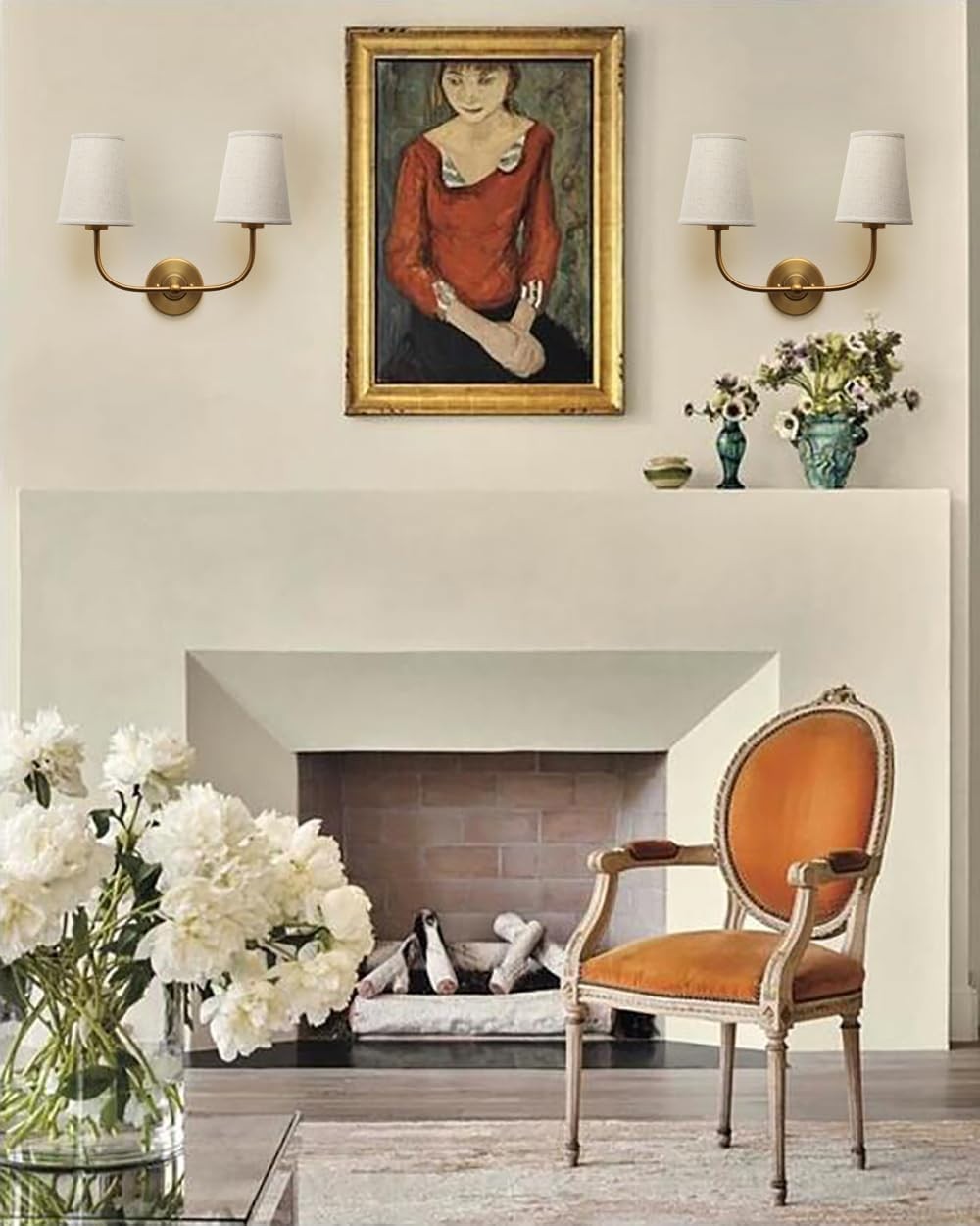 Antique 2-Light Wall Sconce Linen Fabric Shades Bedroom & Bathroom Lamp