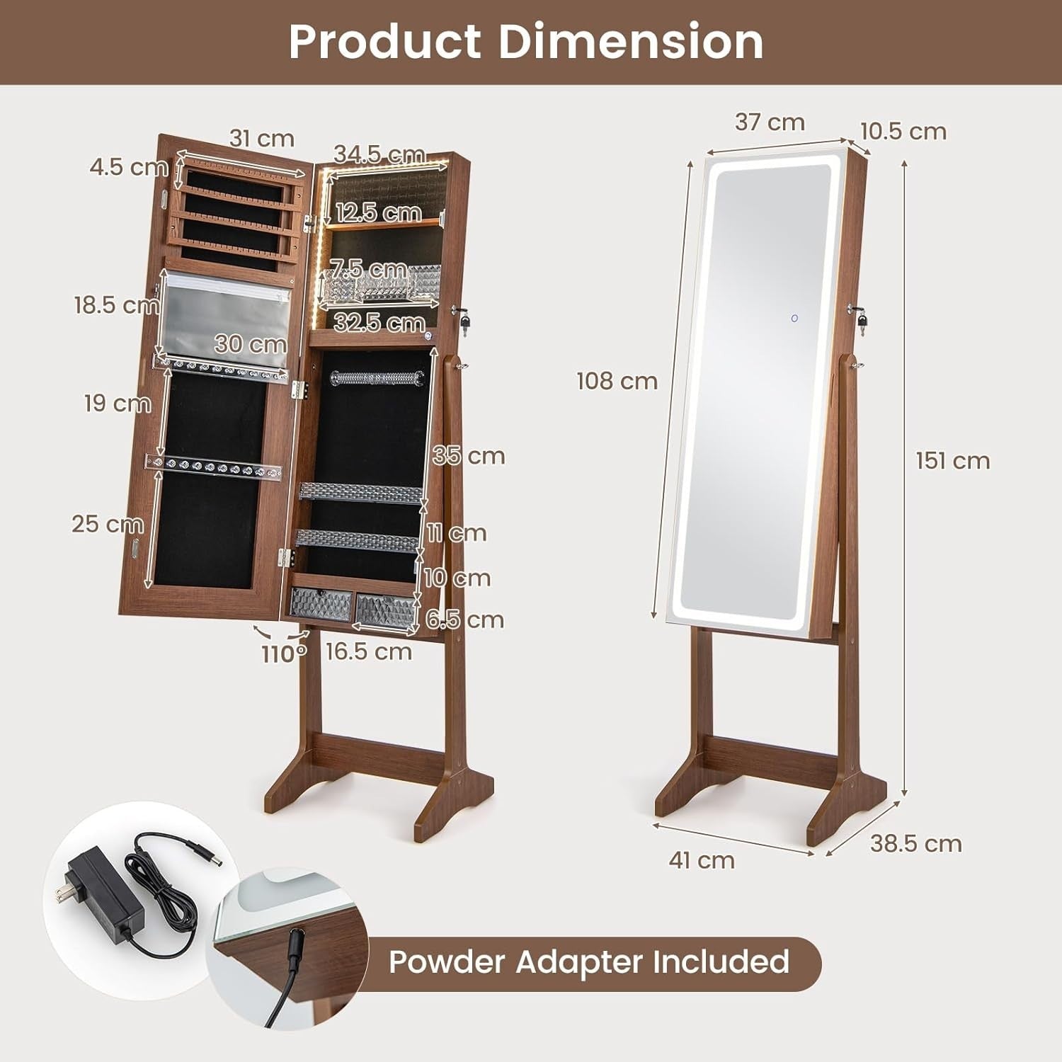 Rustic Brown LED Jewellery Cabinet Full Length Mirror Adjustable Lockable