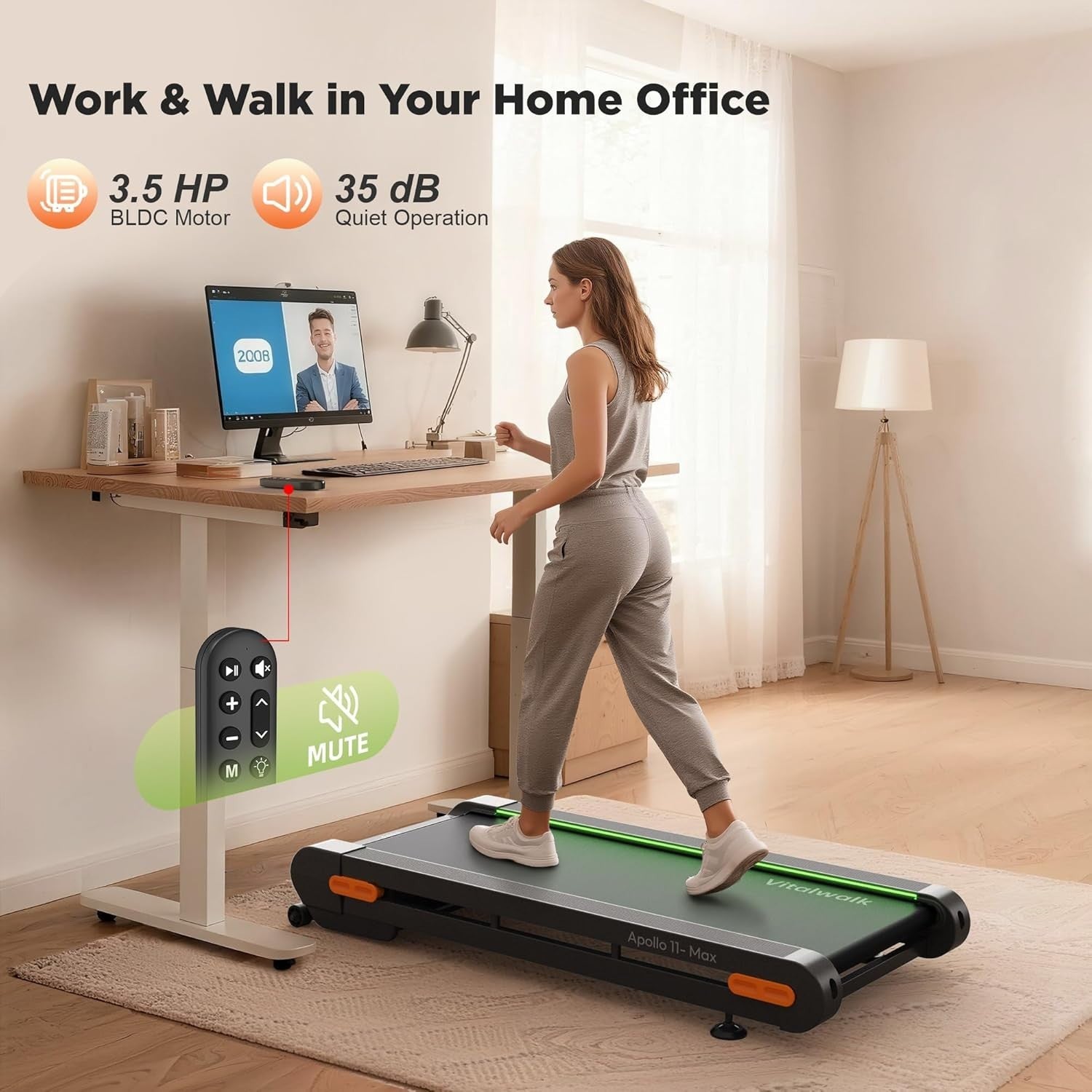 Under Desk Walking Treadmill 3.5HP Quiet Incline Home Office 159KG Capacity