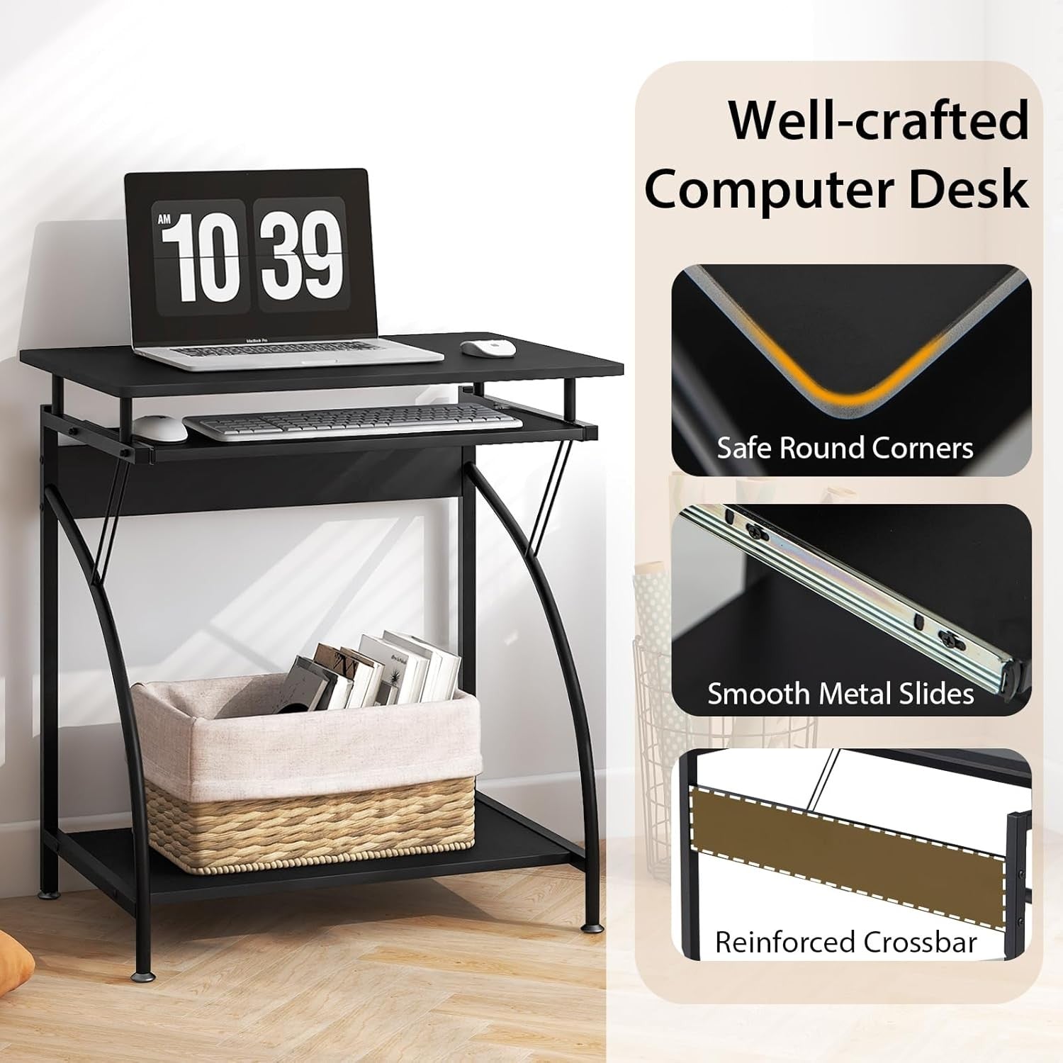 Compact Computer Desk with Keyboard Tray Storage Shelf Small Home Office Table