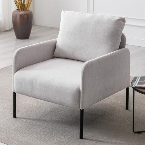 Modern Accent Armchair Beige Linen Lounge Chair Metal Legs