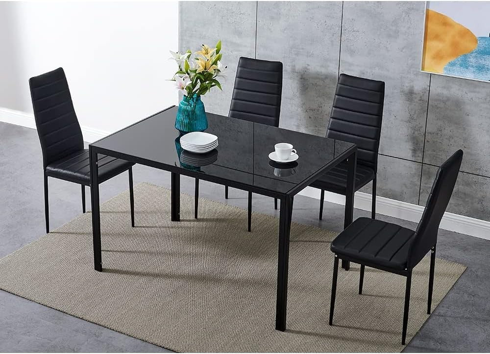 Black Tempered Glass Dining Table & 4 PU Leather Chairs - Stylish & Durable
