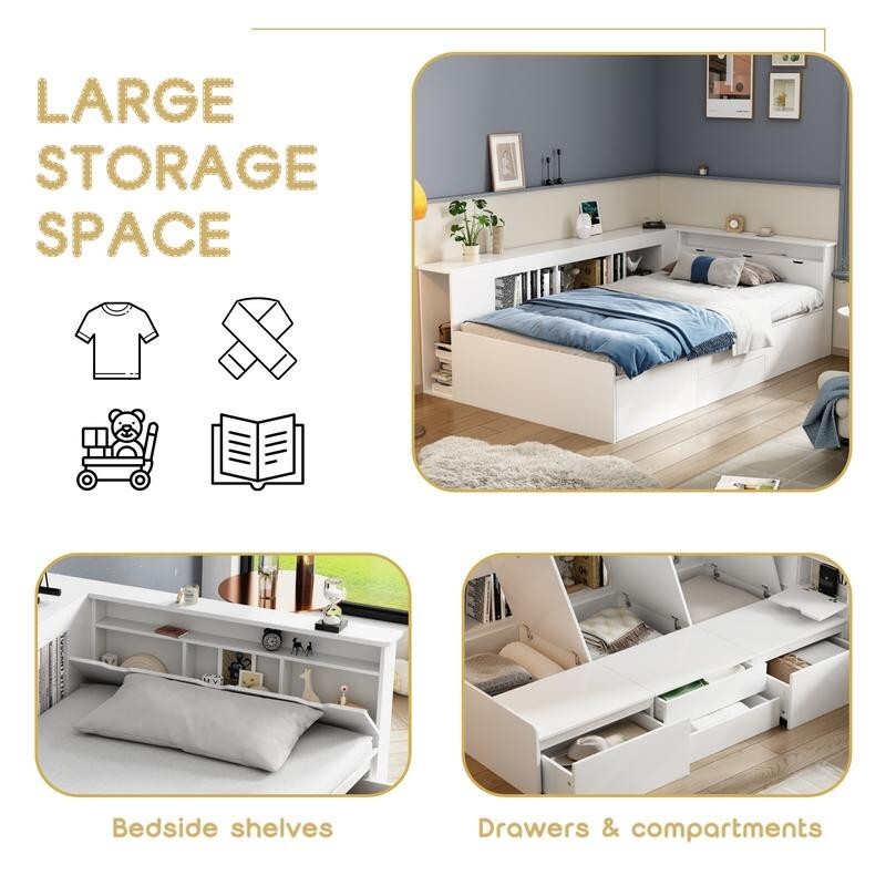 White Kids Single Storage Bed 3FT with Drawers Shelves Bookcase Frame 90x190cm