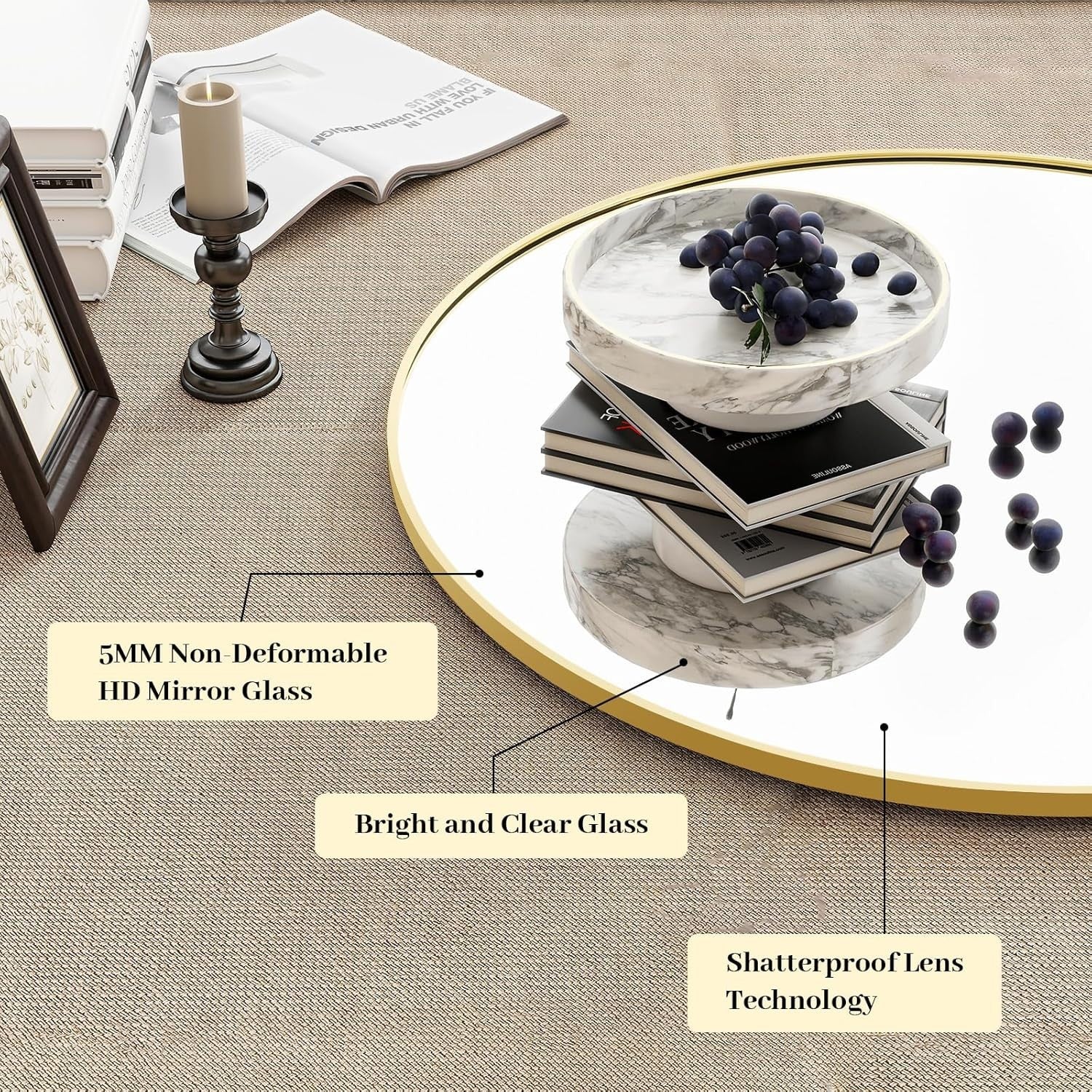 Round Wall Mirror 50cm with Clear Tempered Glass & Gold Aluminum Frame