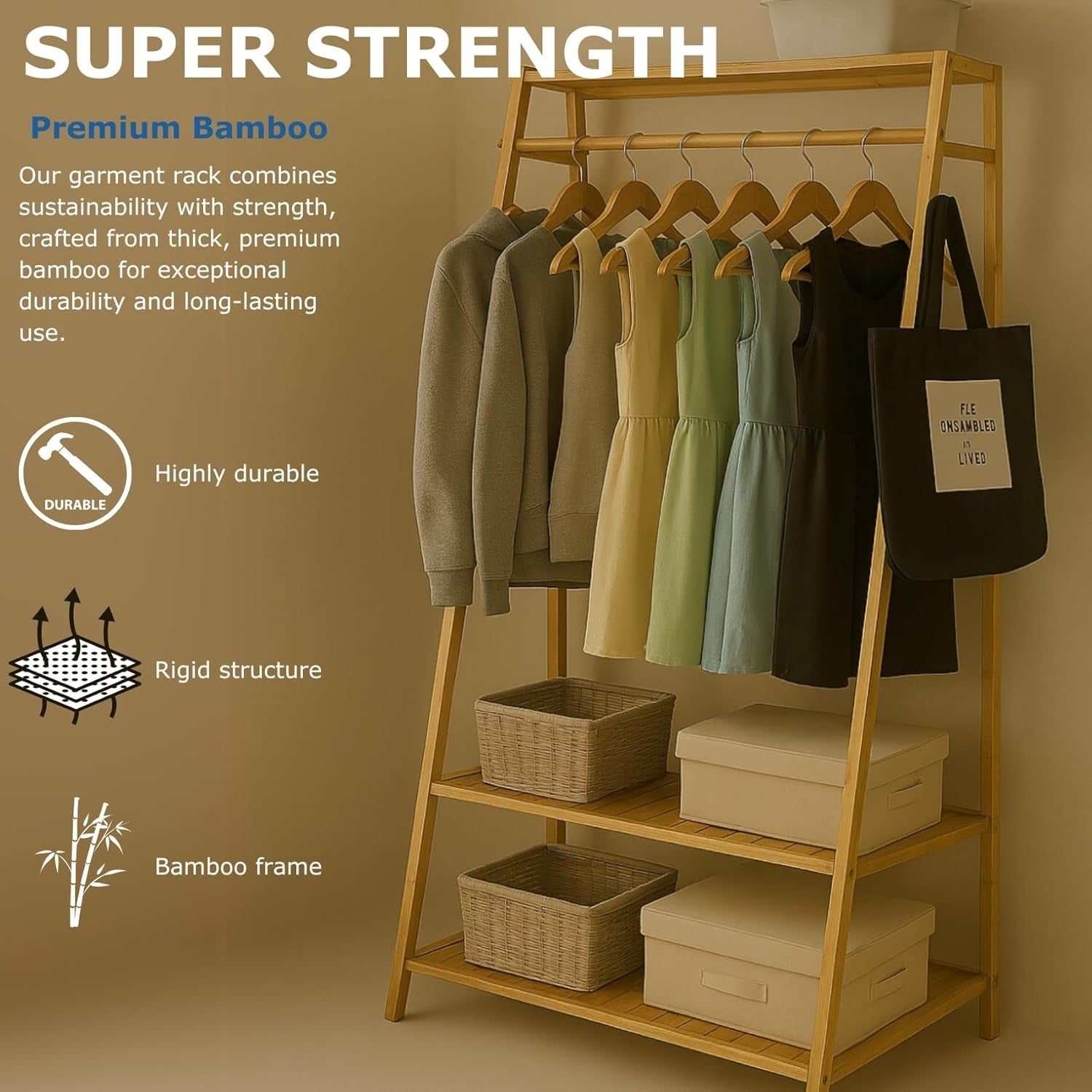 Wooden Clothes Rail Bamboo Garment Rack with Shelves