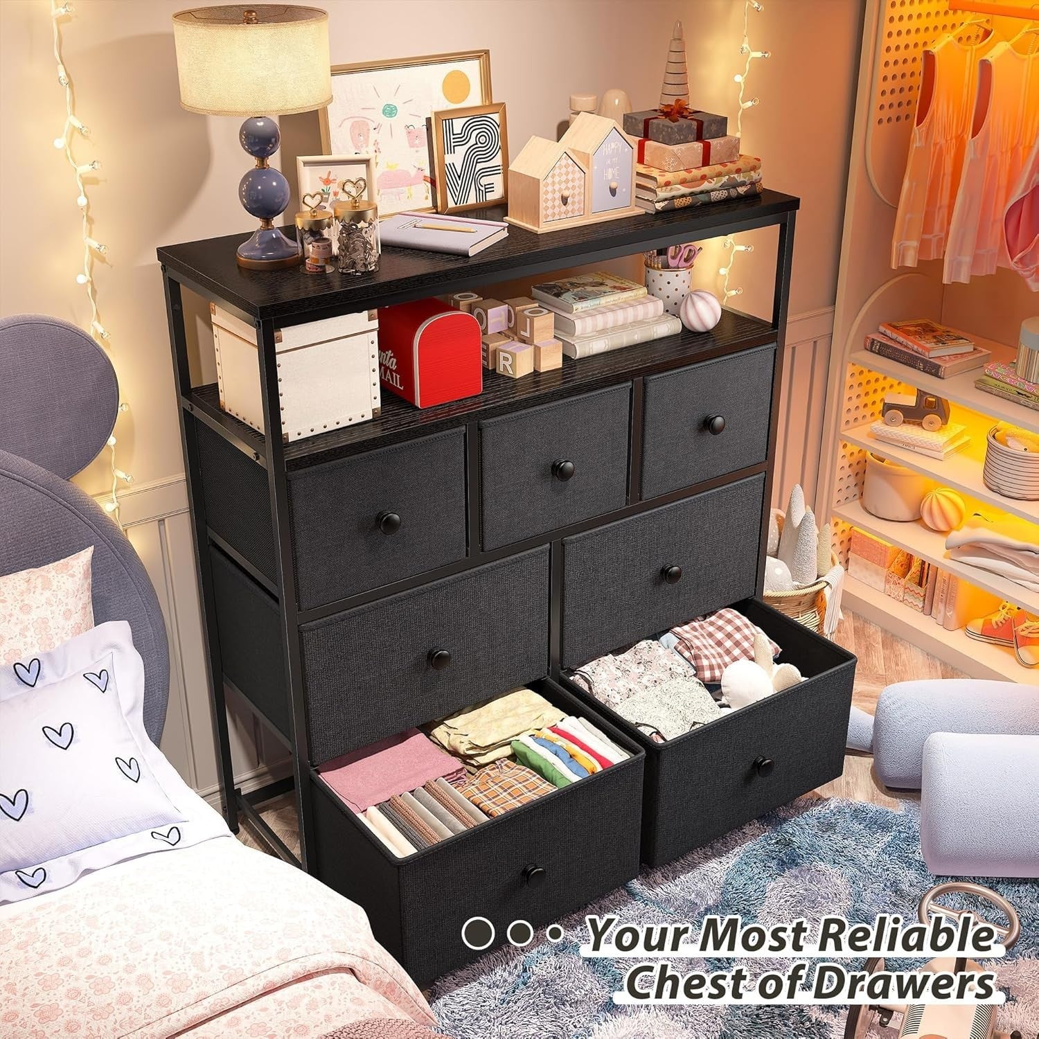 7-Drawer Black Grey Fabric Chest with 2-Tier Shelf – Bedroom & Living Storage