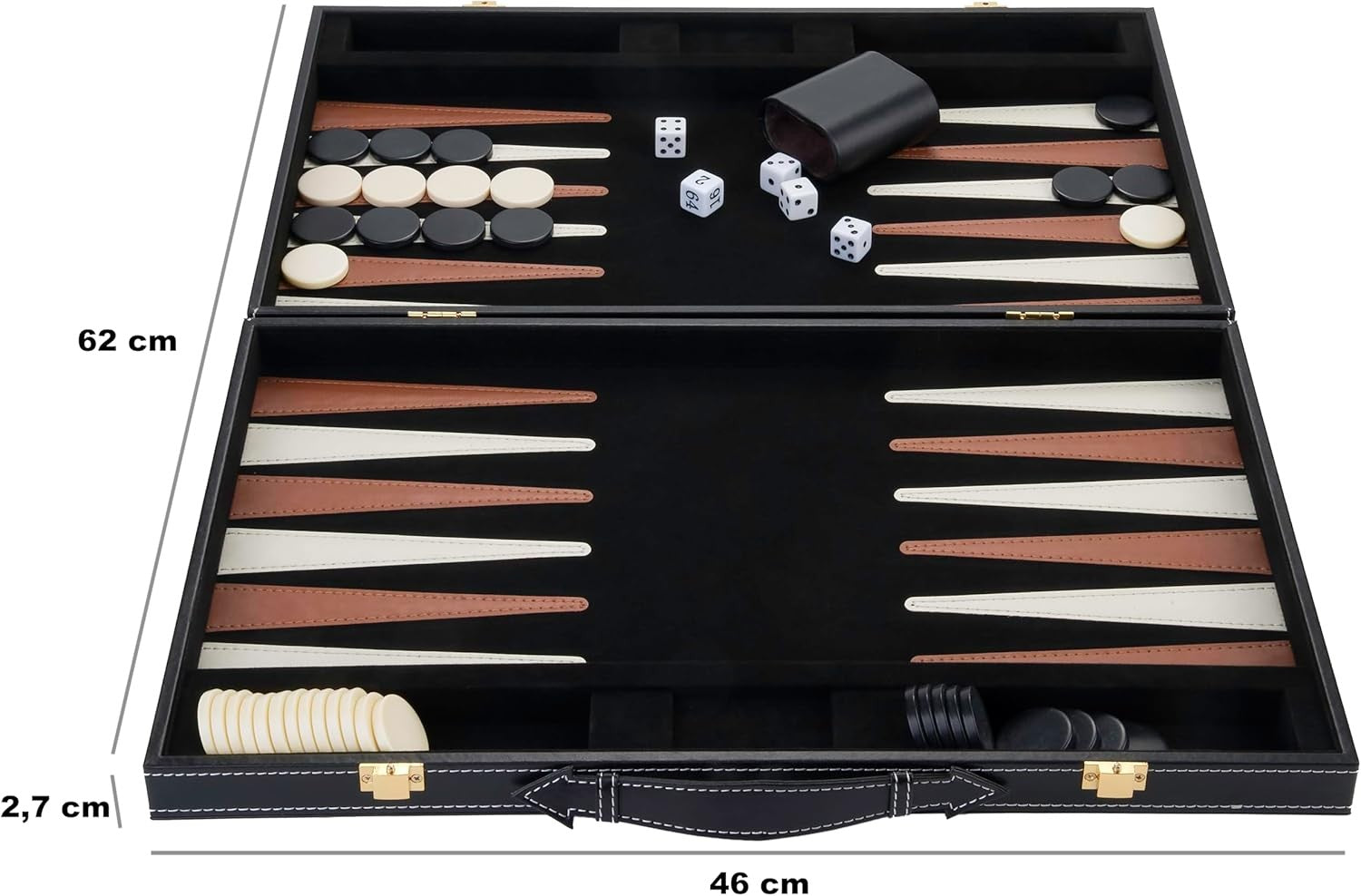 18 Inch Backgammon Set Leather Case Deluxe Folding Board Game Dice Cups