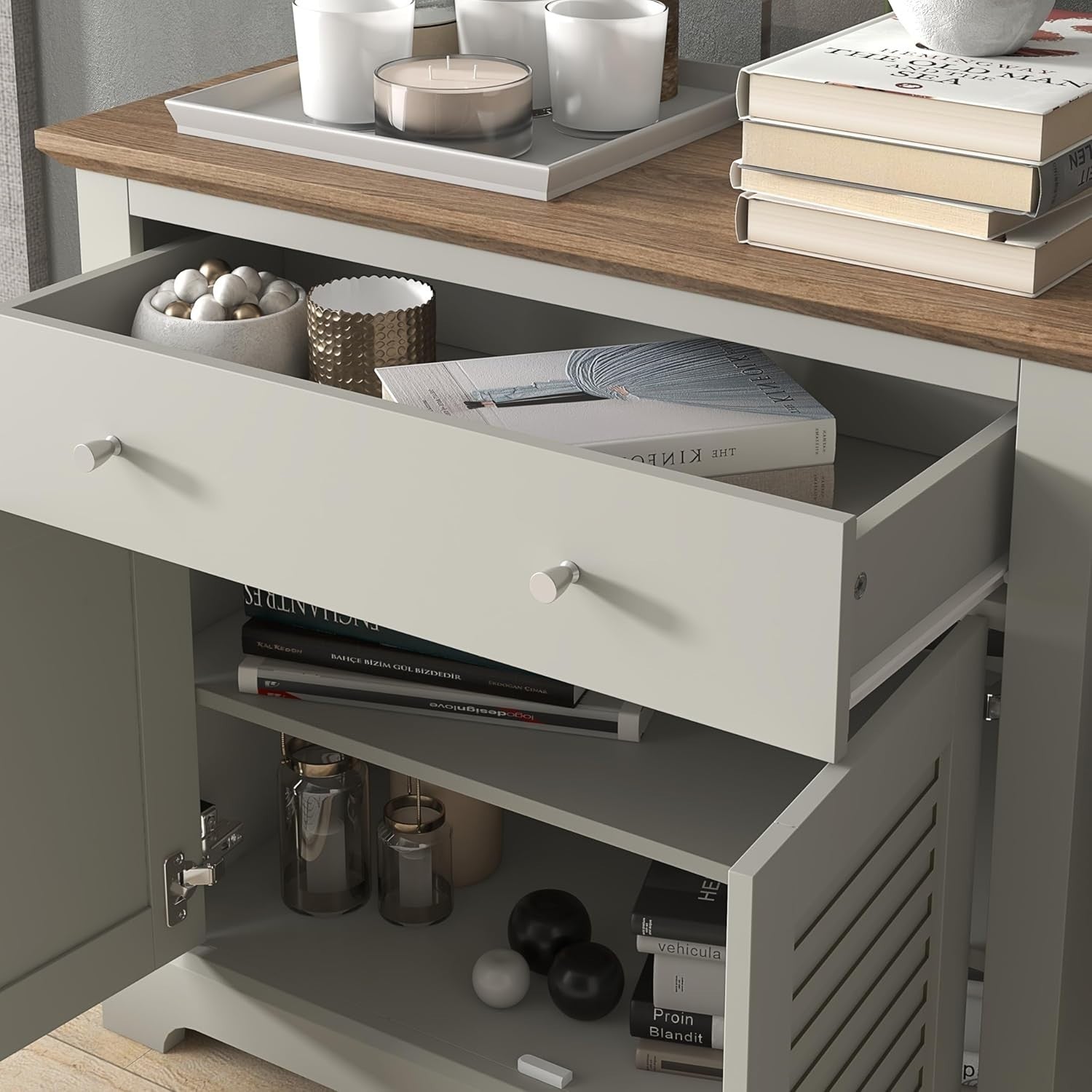 Modern Light Grey Oak Sideboard with Drawer & Adjustable Shelves Storage