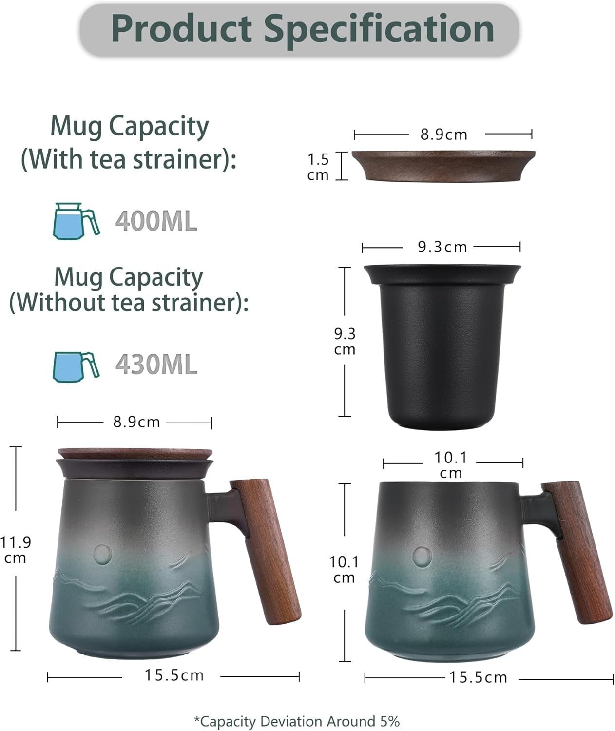 Ceramic Tea Mug 430ml with Infuser Lid & Wood Handle Loose Leaf Cup