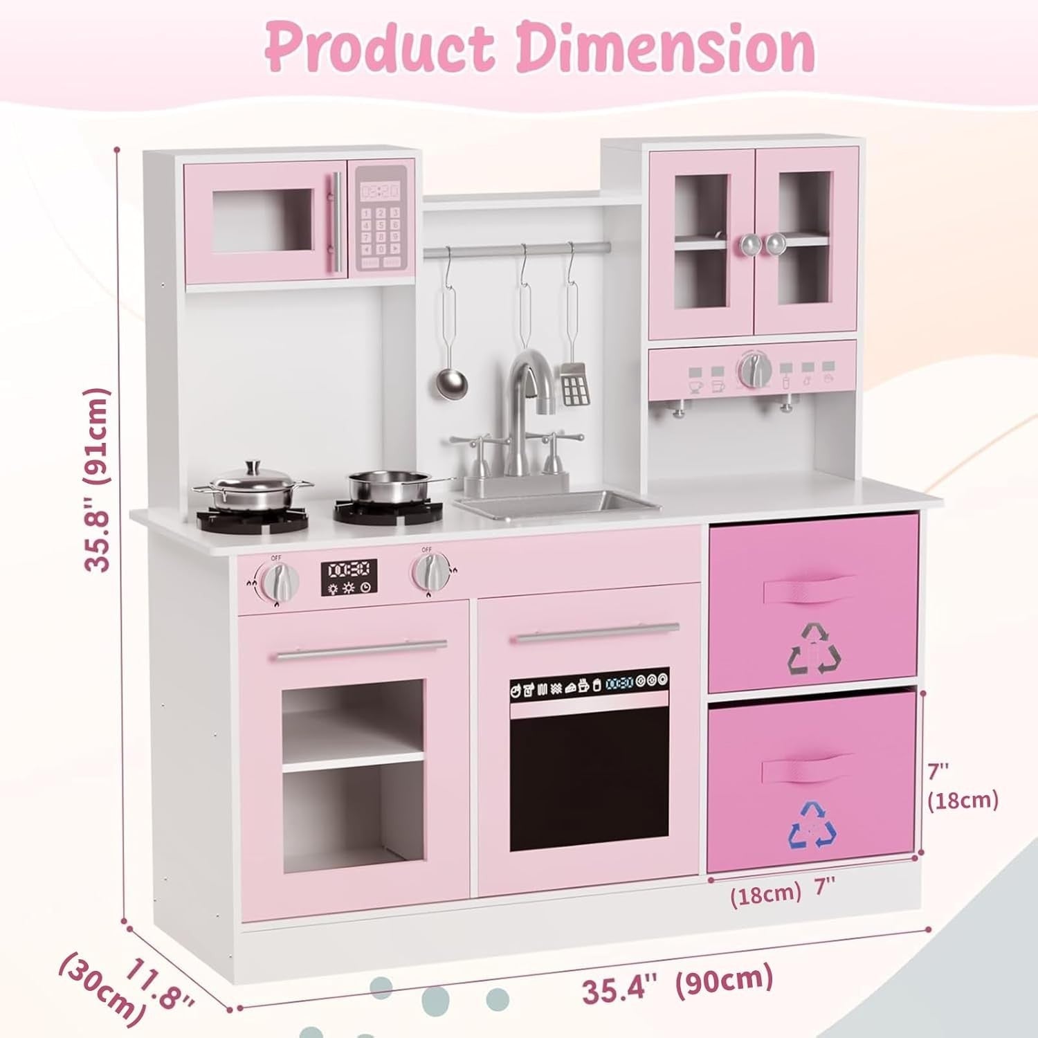 Kids Wooden Play Kitchen Set w/ Lights Sounds Microwave Sink Pink