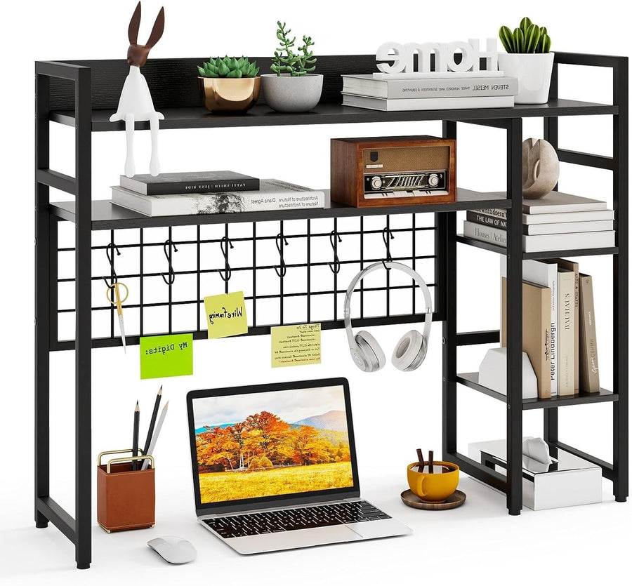 37" Desk Hutch Shelf with Grid Panel | 4-Tier Desktop Organizer Rack + Hooks