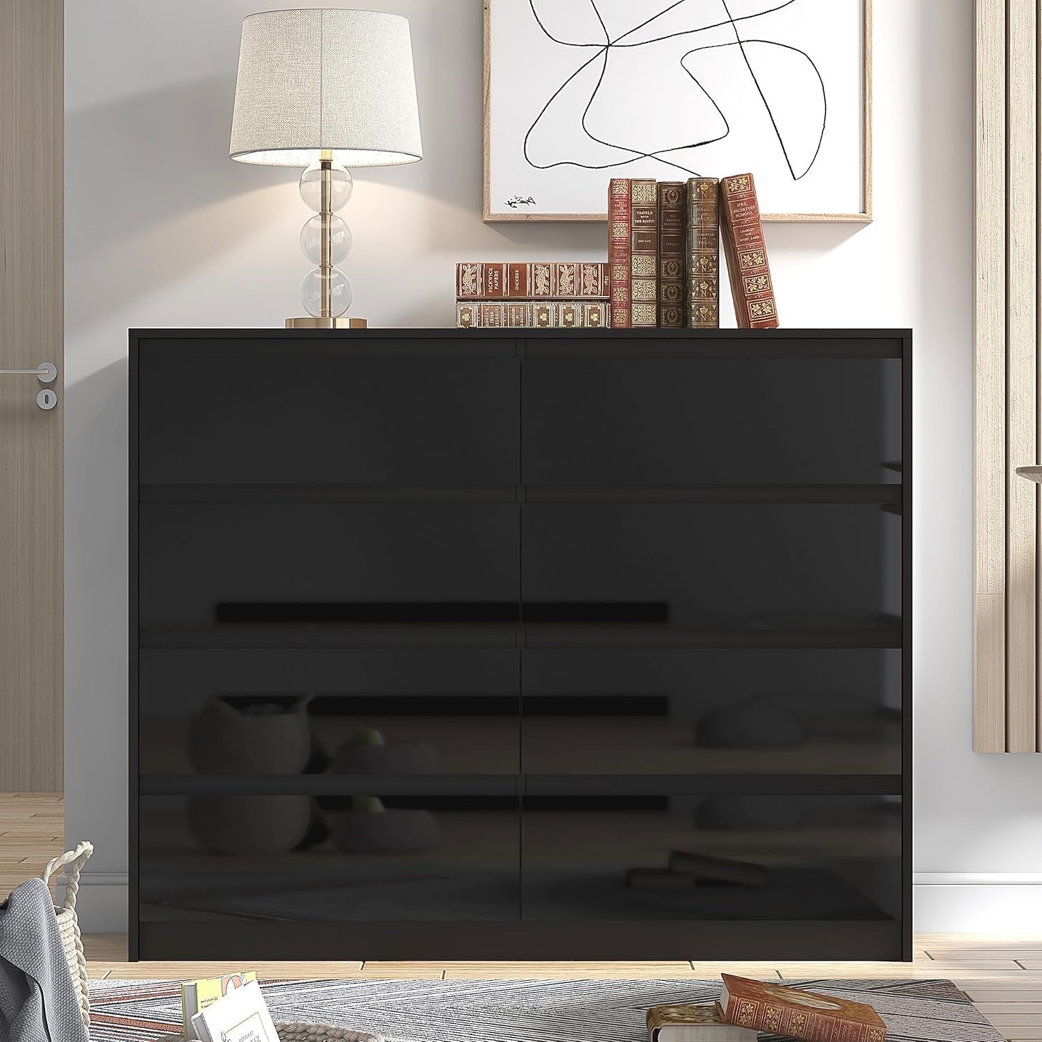8 Drawer High Gloss Black Sideboard Chest - Modern Storage, Bedroom & Office