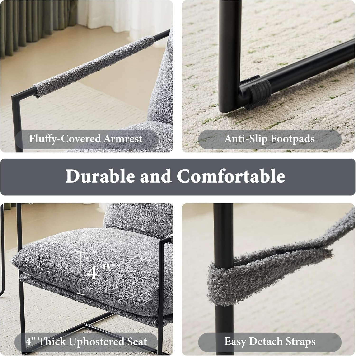 Grey Modern Lounge Sling Chair Boucle Fabric Metal Frame