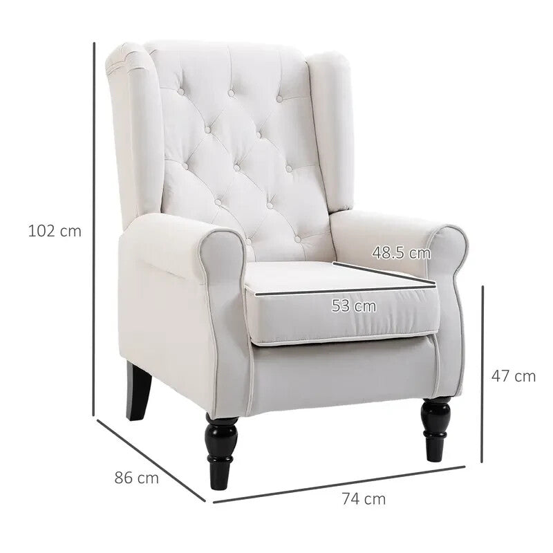 Cream Wingback Accent Armchair Linen Tufted High Back Chair Wood Legs