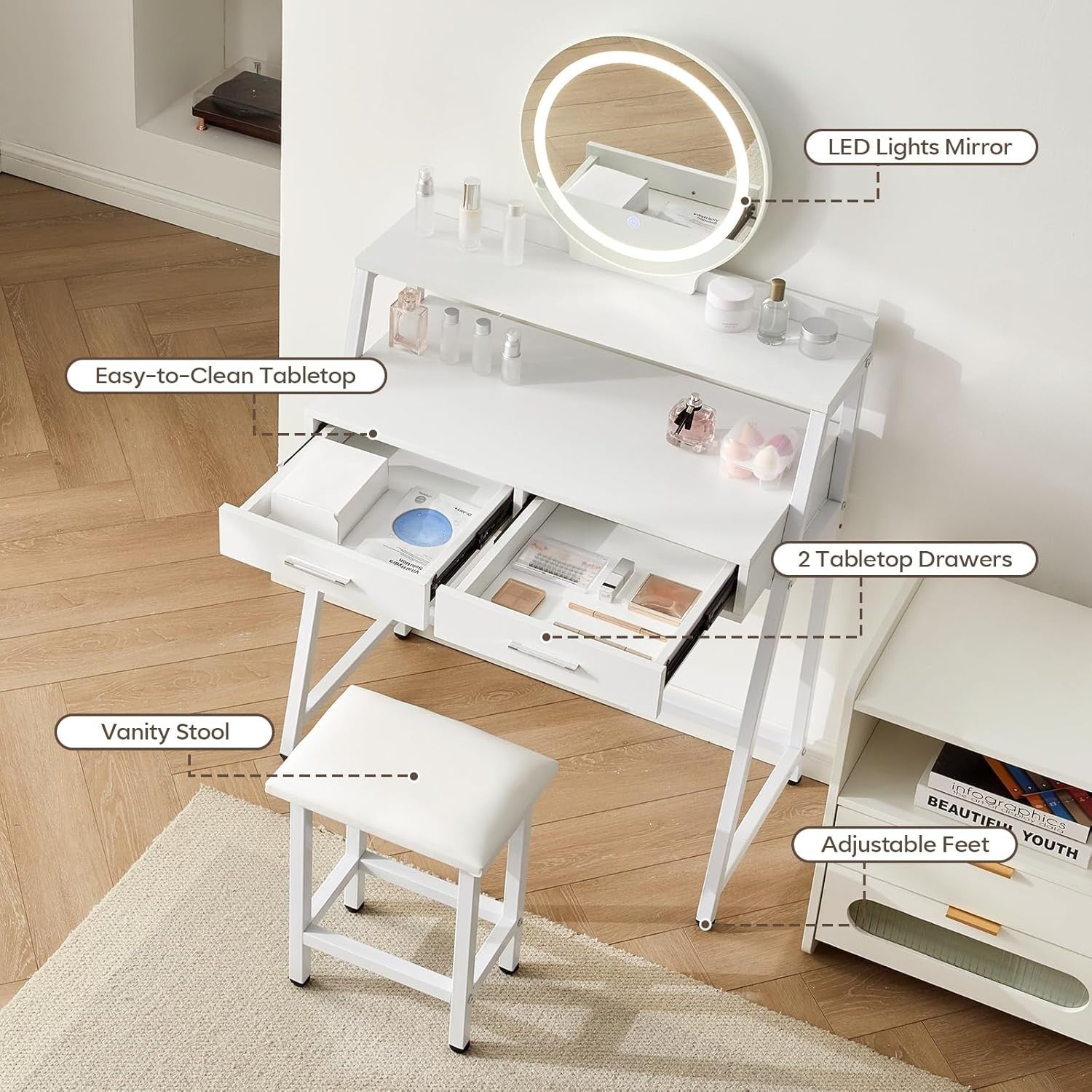 European Makeup Vanity Desk Lighted Mirror LED 3 Color 4 Drawers Storage Shelf