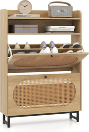 Narrow Rattan Shoe Cabinet with 2 Flip Drawers & Open Shelf 80x24x115cm