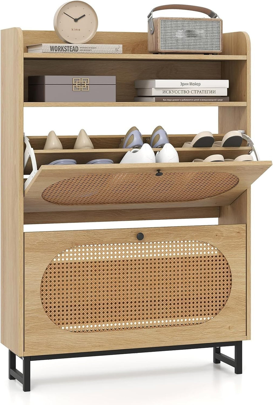 Narrow Rattan Shoe Cabinet with 2 Flip Drawers & Open Shelf 80x24x115cm