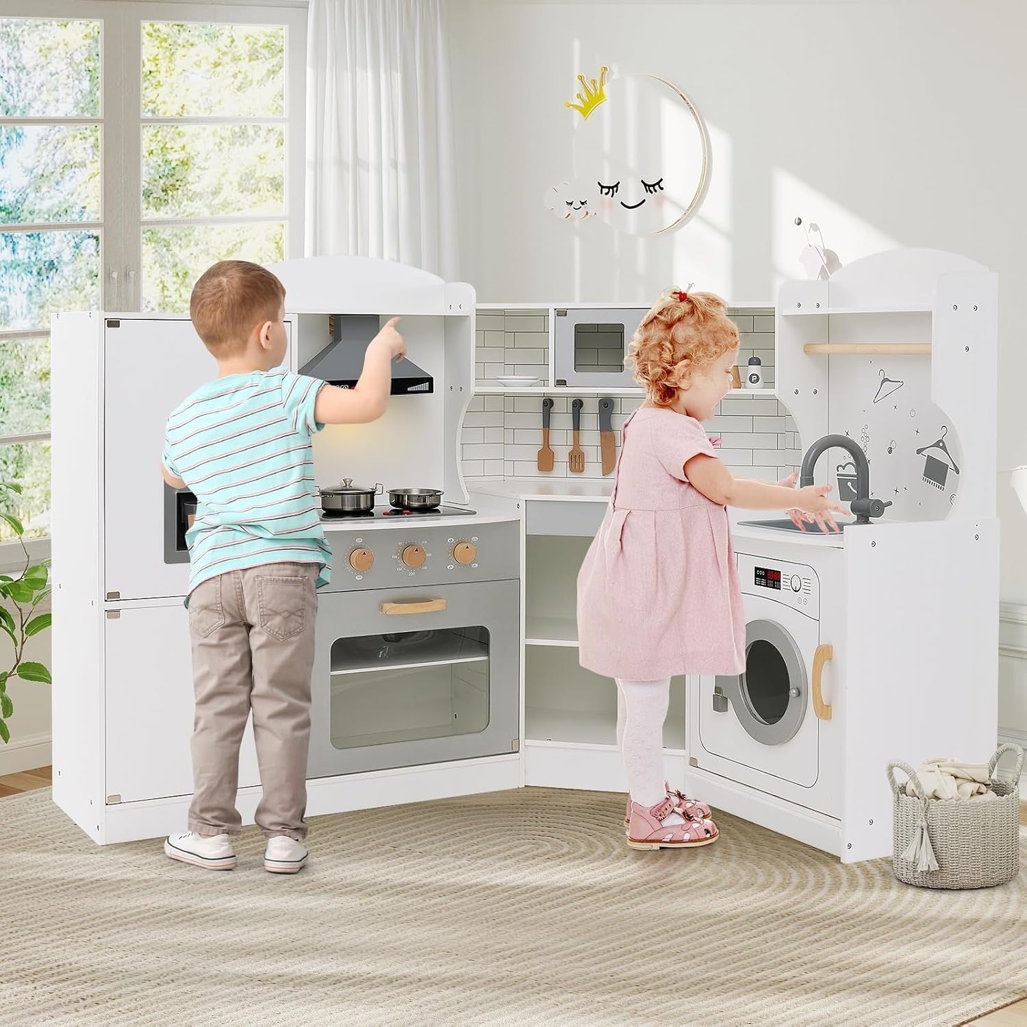 Kids Corner Play Kitchen Wooden Toy Set Light Sound Ice Dispenser White